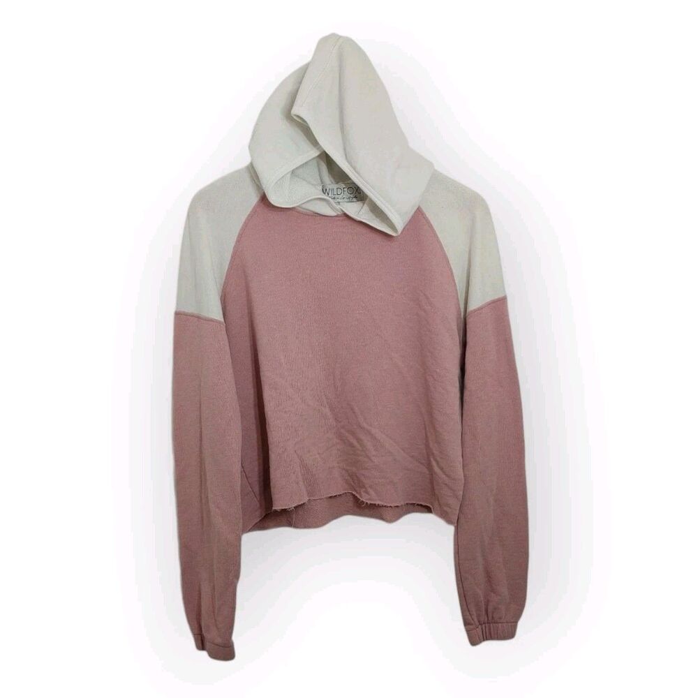 Wildfox Women's Size Large Hoodie Sweatshirt Pink White Cropped Raw Edge